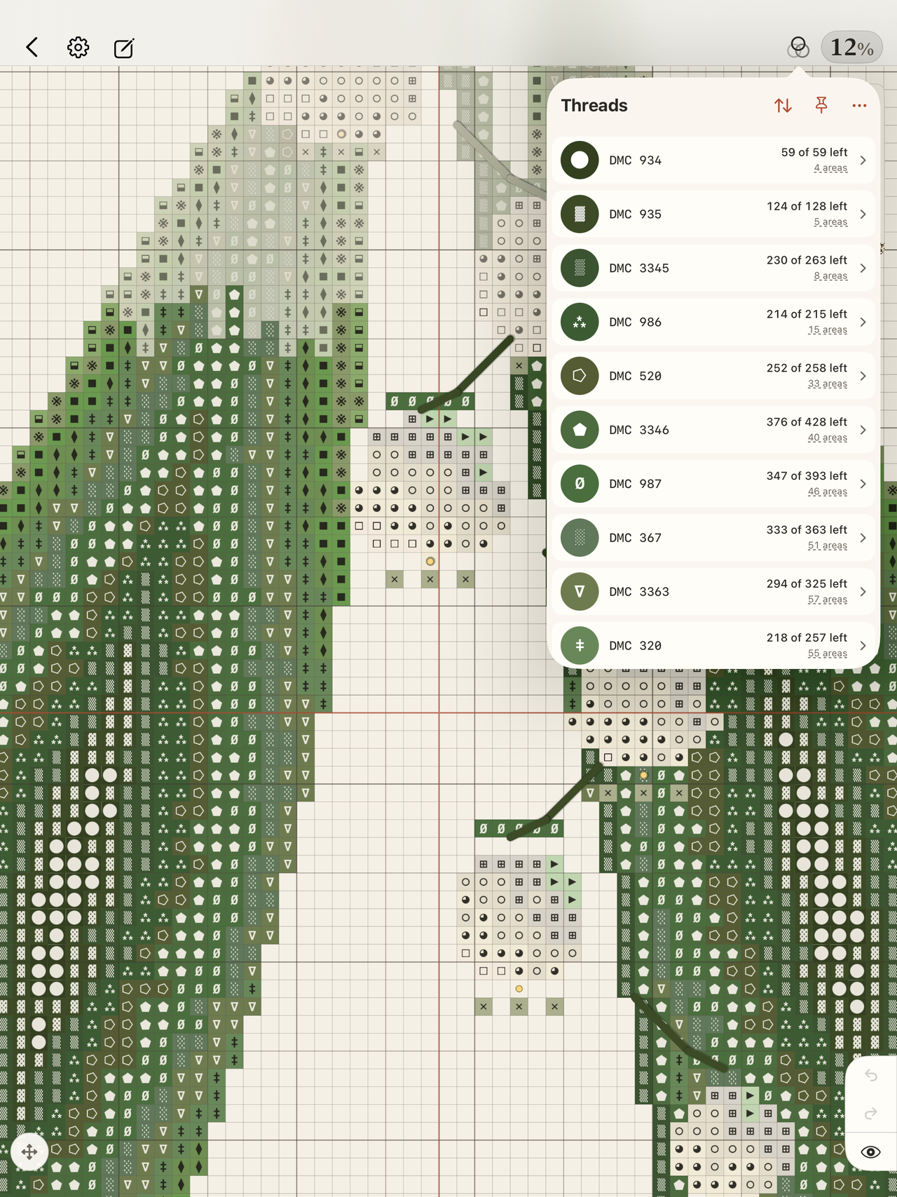 Crosstela on iPad: the Конвалія chart with its Threads panel open, each DMC thread listing how many stitches are left and how many areas it splits into